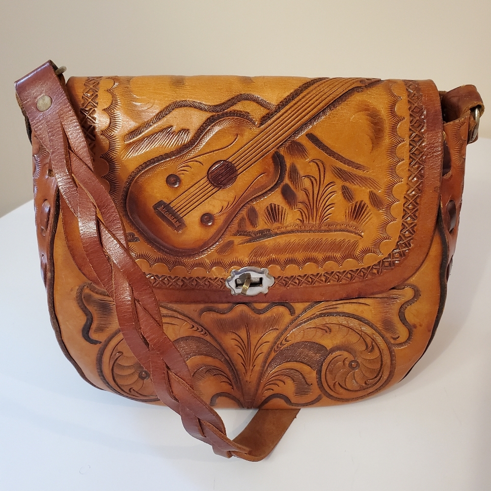 Vintage Tooled Leather Mexican Bag Guitar Motif
